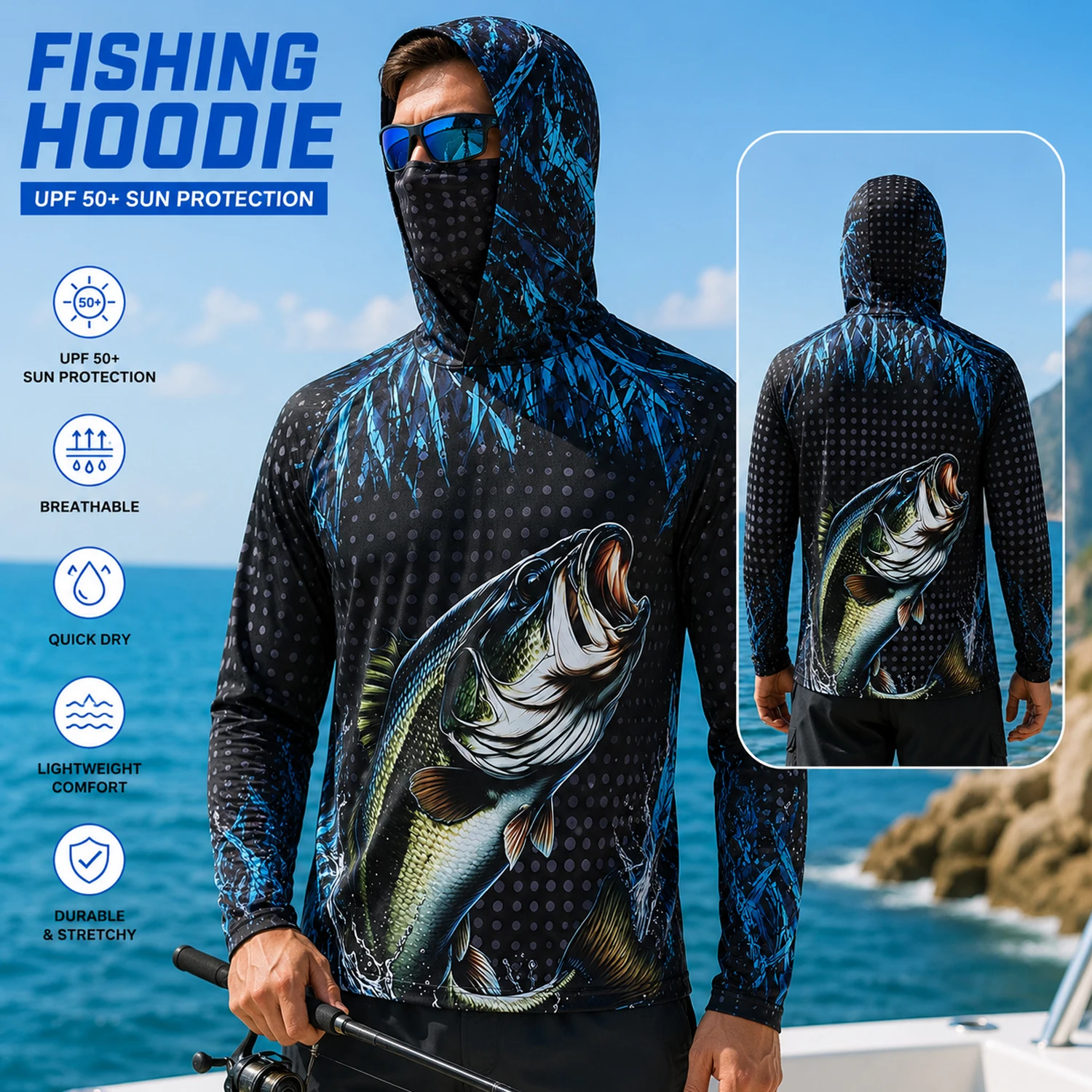 Hiking - Men UPF50+ Fishing Hoodie with Face